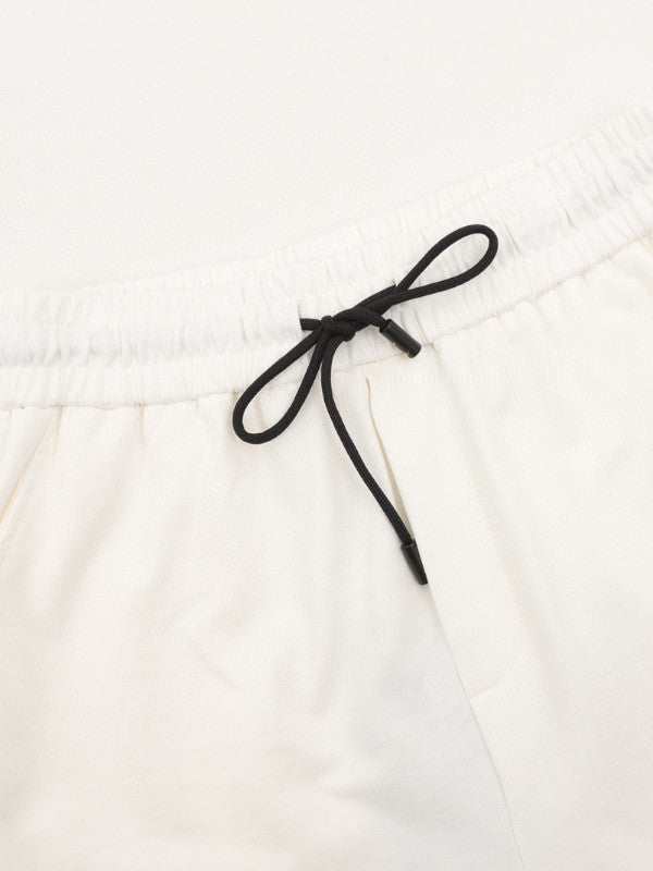 white logo print shorts