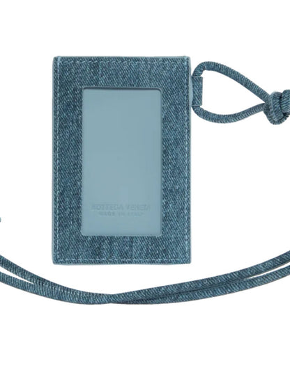 Intreccio-woven denim-print leather badge holder