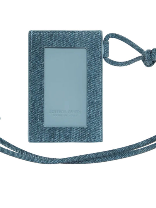 Intreccio-woven denim-print leather badge holder