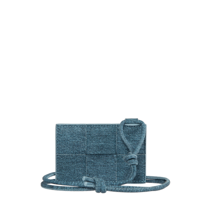 Intreccio-woven denim-print leather badge holder
