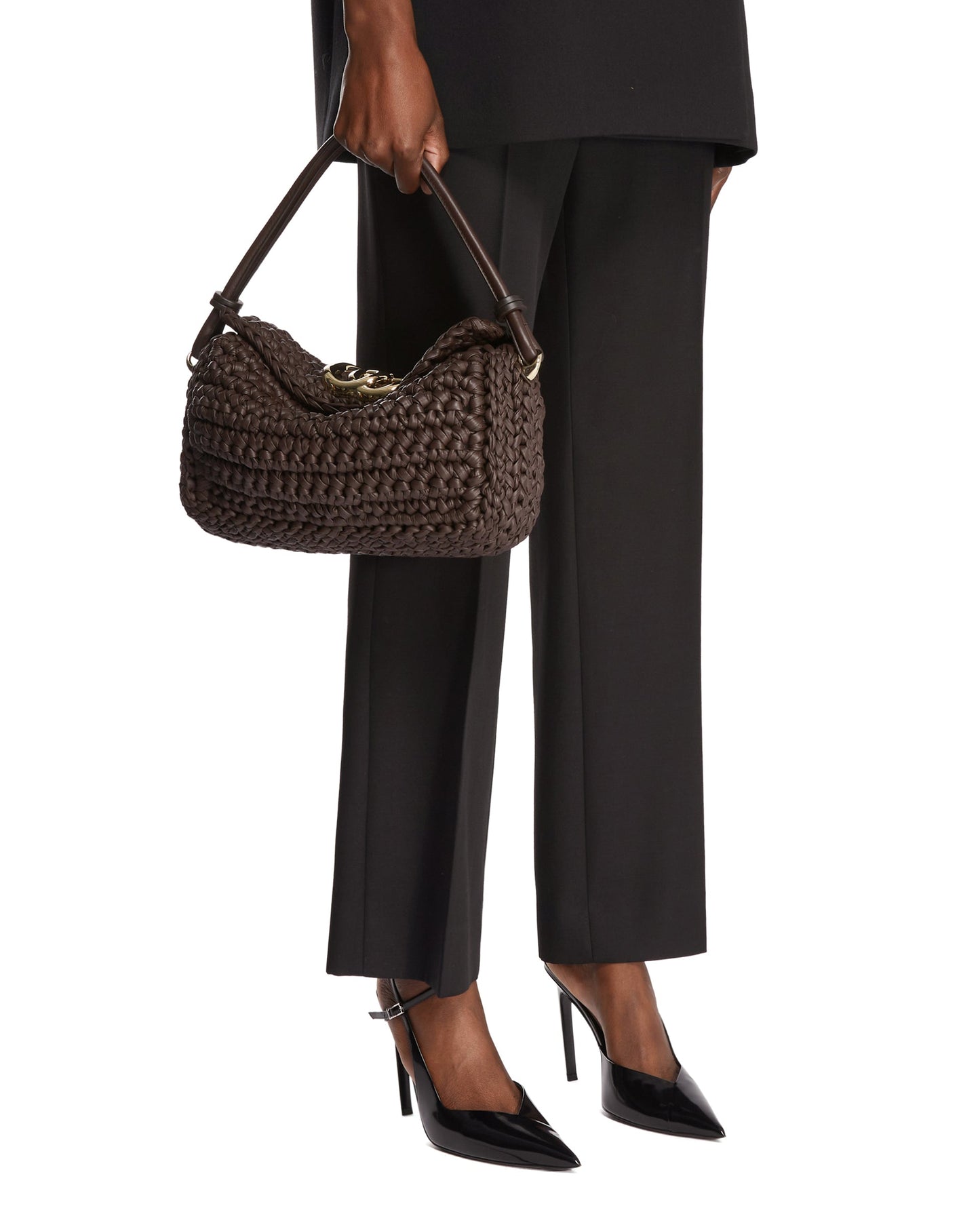 brown crochet leather bag