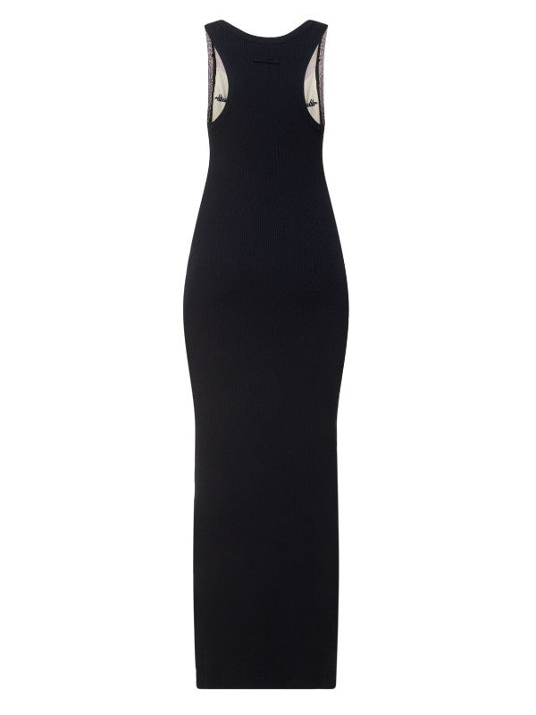 striped printed mesh long dress